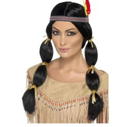 Perücke Damen Indianerin mit Federstirnband und zwei gefochtenen Zöpfen, schwarz