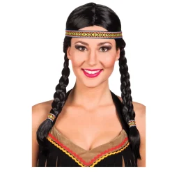 Perücke Damen Indianerin mit Stirnband und zwei gefochtenen Zöpfen, Kewanee, schwarz