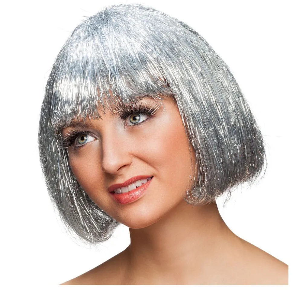 Perücke Damen Lametta Flitter, Pagenkopf mit Pony glamour, Hollywood, silber