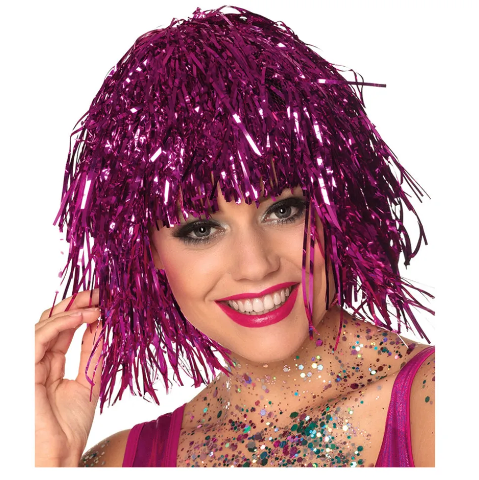 Perücke Damen Lametta Folie, Disco, pink - SPARPACK mit 6 Stück