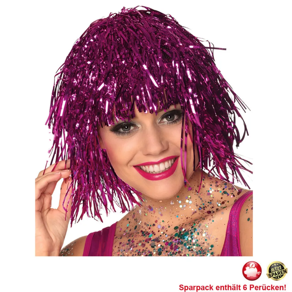 Perücke Damen Lametta Folie, Disco, pink - SPARPACK mit 6 Stück