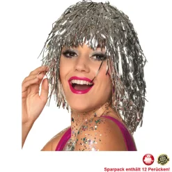 Perücke Damen Lametta Folie, Disco, silber - SPARPACK mit 12 Stück