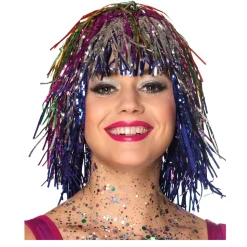 Perücke Damen Lametta Folie, Disco, bunt