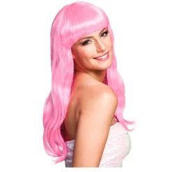 Perücke Damen Langhaar glatt mit Pony, Party Chique, rosa