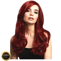 Perücke Damen Langhaar, Wellig mit Mittelscheitel, Premium-Qualität, Khloe, rubinrot