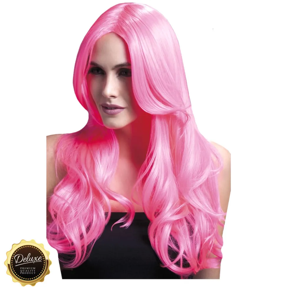 Perücke Damen Langhaar, Wellig mit Mittelscheitel, Premium-Qualität, Khloe, neon-rosa
