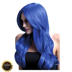 Perücke Damen Langhaar, Wellig mit Mittelscheitel, Premium-Qualität, Khloe, neon-blau