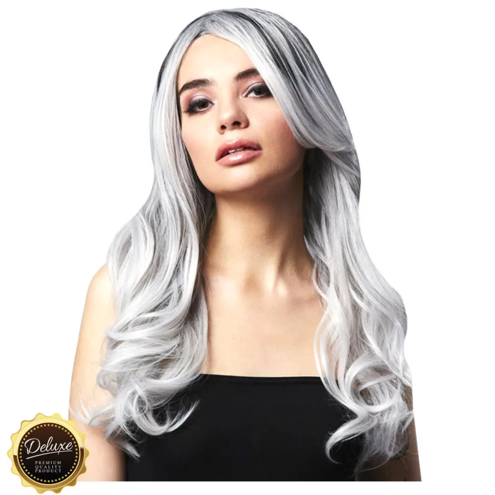 Perücke Damen Langhaar, Wellig mit Mittelscheitel, Premium-Qualität, Khloe, eissilber