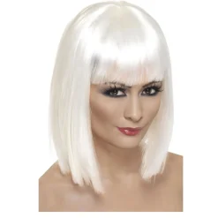Perücke Damen Longbob, Pagenkopf mit Pony, Glam, weiß