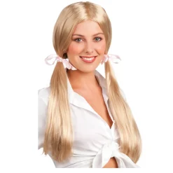 Perücke Damen Mittelscheitel mit Zöpfen und rosa Schleifen Schoolgirl, blond