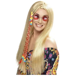 Perücke Damen Mittelscheitel lang mit geflochtener Strähne und Perlen 70er Hippie, blond