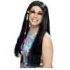 Perücke Damen Mittelscheitel lang mit geflochtener Strähne und Perlen 70er Hippie, schwarz