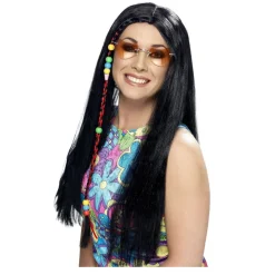 Perücke Damen Mittelscheitel lang mit geflochtener Strähne und Perlen 70er Hippie, schwarz