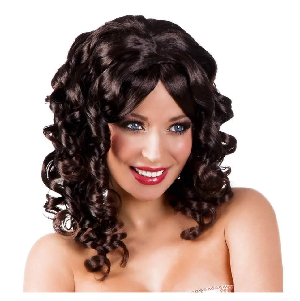 Perücke Damen Mittelscheitel schulterlange Locken, Cocktail, schwarz
