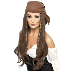 Perücke Damen Piratin mit Kopftuch braun, braun