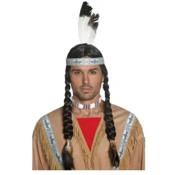 Perücke Herren Indianer mit Stirnband und zwei gefochtenen Zöpfen, Sioux, schwarz