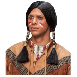 Perücke Herren Indianer mit zwei gefochtenen Zöpfen, schwarz