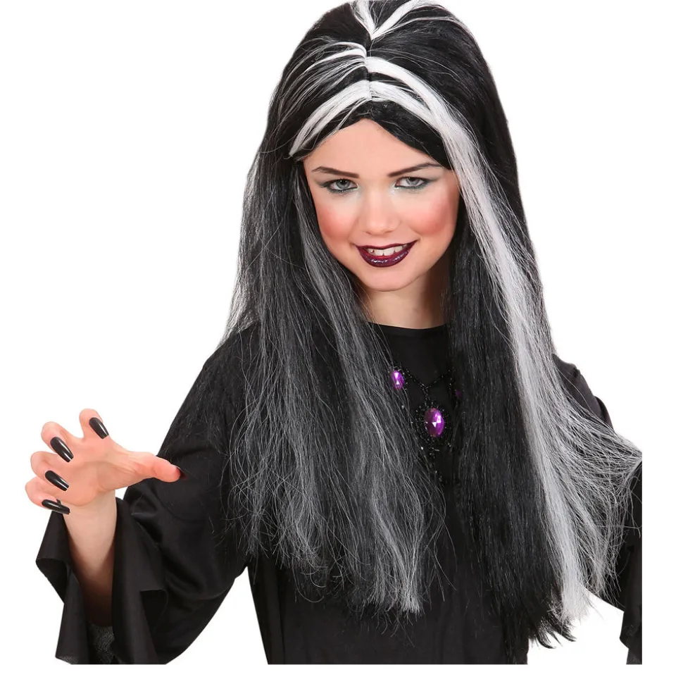 Perücke Kinder Mädchen Langhaar Hexe, schwarz-weiß