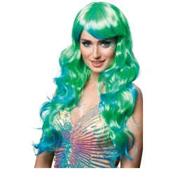 Perücken Damen Langhaar mit Pony Meerjungfrau Aqua, blau-grün