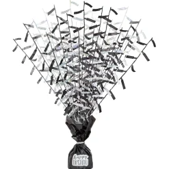 SALE Aufwändiges Ballongewicht mit schwarz-glänzender Folie, dekorative Folienfransen, mit 42 Klebe-Stickern
