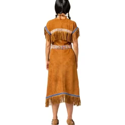 SALE Damen-Kostüm Kleid Indianerin, elastisches Midi Kleid mit Fransen und Gürtel, Gr. 34-36