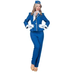 SALE Damen-Kostüm Luxus-Stewardess, 4-tlg. mit Oberteil, Hose, Mütze und Schal, blau Gr. 36