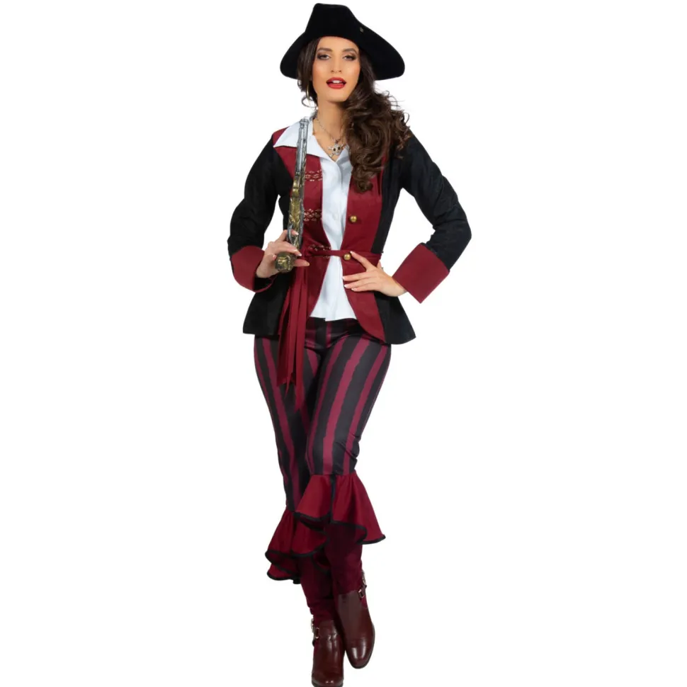 SALE Damen-Kostüm Piratin, 3-tlg. mit Hose, Jacke und Gürtel, burgund-schwarz, Gr. 36