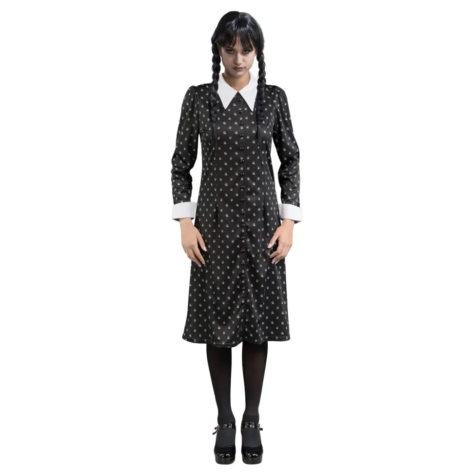 SALE Damen-Kostüm Wednesday Addams, schwarzes Kleid mit weißen Motiven, Gr. XS