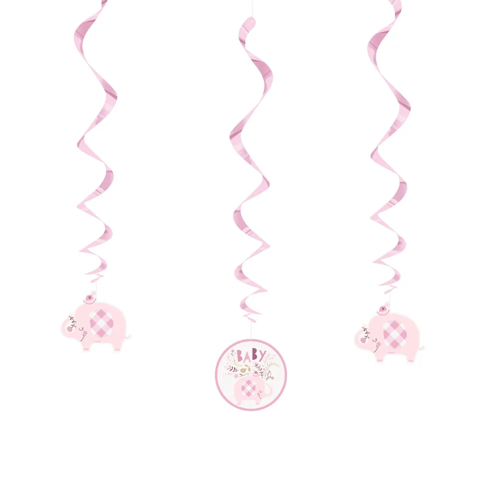 SALE Deko-Swirl-Girlanden Babyparty rosa Elefant, 66cm, 3 Stück