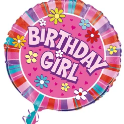 SALE Folienballon Birthday Girl, für Kindergeburtstag Mädchen, Pink mit Blumen, beidseitig bedruckt, Größe: ca. 45 cm