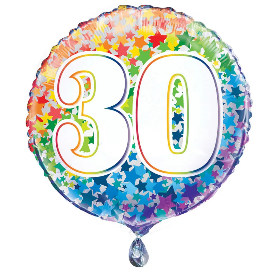 SALE Folienballon 30. Geburtstag, mit bunten Sternen / Regenbogen, beidseitig bedruckt, Größe: ca. 45 cm