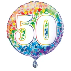 SALE Folienballon 50. Geburtstag, mit bunten Sternen / Regenbogen, beidseitig bedruckt, Größe: ca. 45 cm
