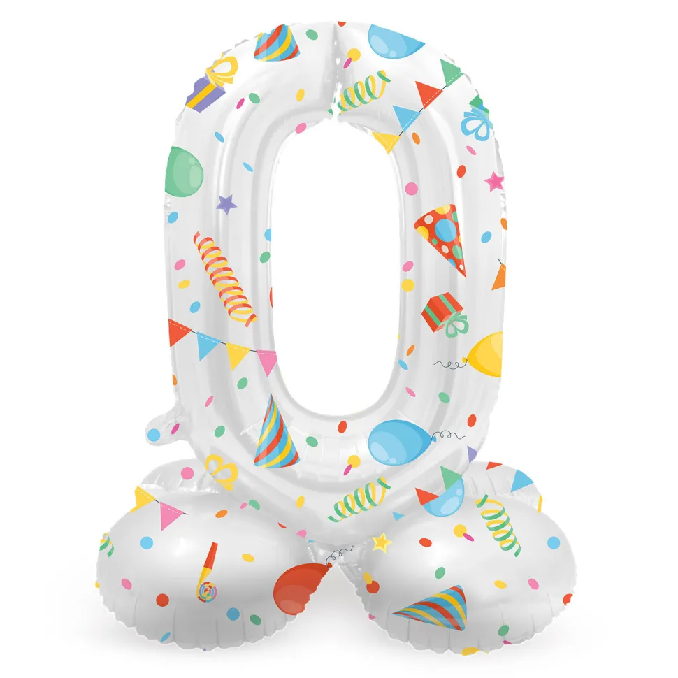 SALE Folienballon Mini Zahl 0, mit Standfuss und buntem Party-Design, ca. 40cm, Zahlenballon