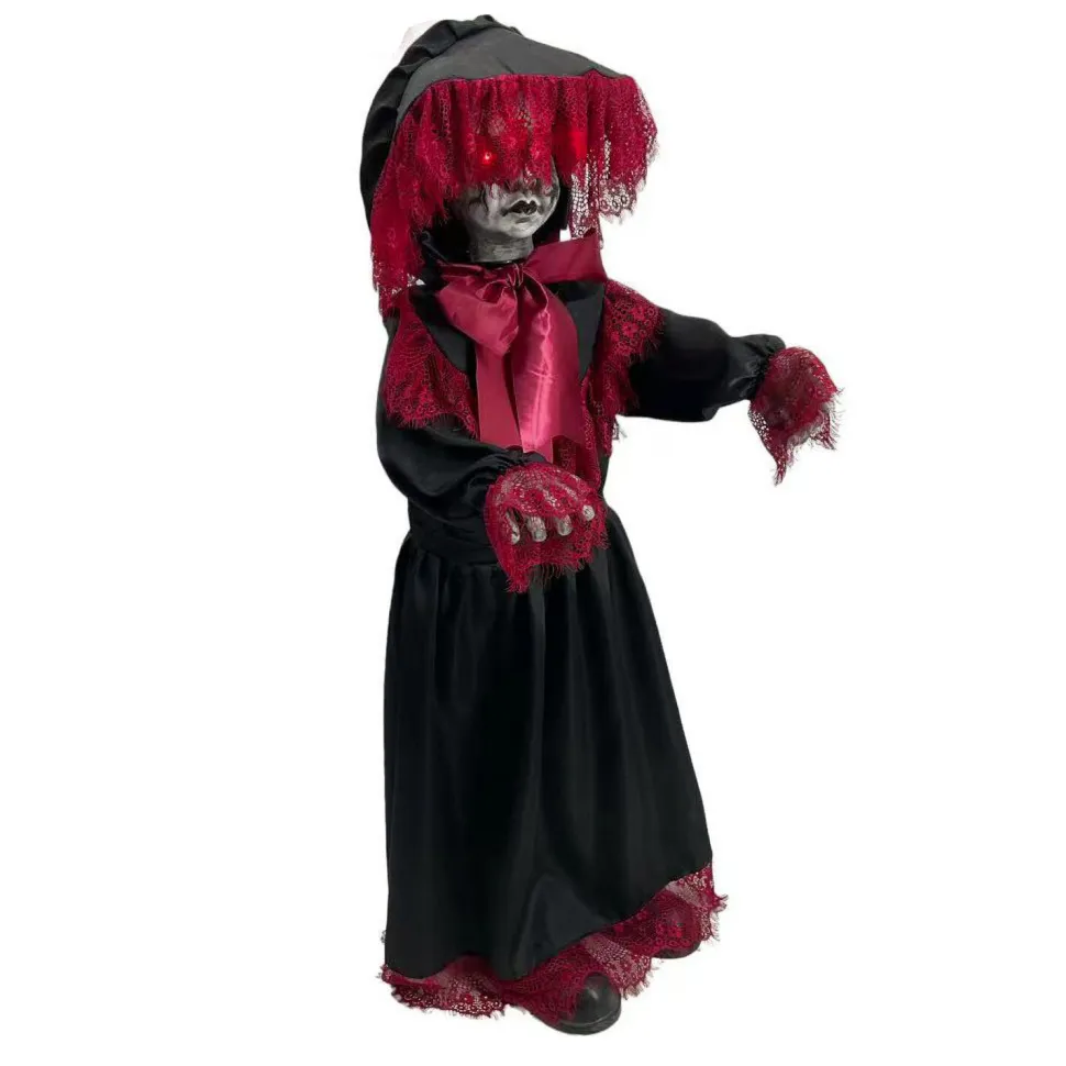 SALE Halloween-Deko-Figur Puppe rot-schwarz mit Licht, Sound und Bewegung, ca. 90cm