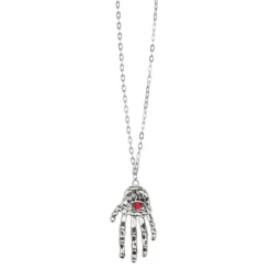 SALE Kette Skelett-Hand, silber mit rotem Stein