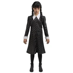 SALE Kinder-Kostüm Wednesday Addams, schwarzes Kleid mit weißen Motiven, Gr. 140