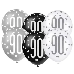 SALE Luftballon Latex 90. Geburtstag, weiß / grau / schwarz, Größe: ca. 30 cm, 6 Stück