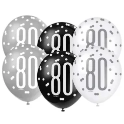 SALE Luftballon Latex 80. Geburtstag, weiß / grau / schwarz, Größe: ca. 30 cm, 6 Stück