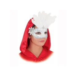 SALE Maske Venedig, weiß/silber mit weißer Feder