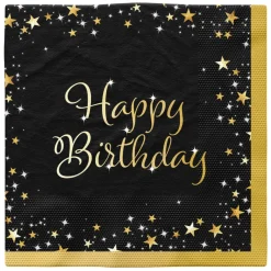 Servietten Starlight Birthday, schwarz-gold, 33 x 33 cm, 16 Stück, Happy Birthday
