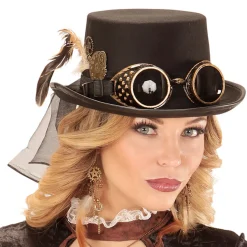 Zylinder Steampunk mit Brille, Zahnraddeko und Federn
